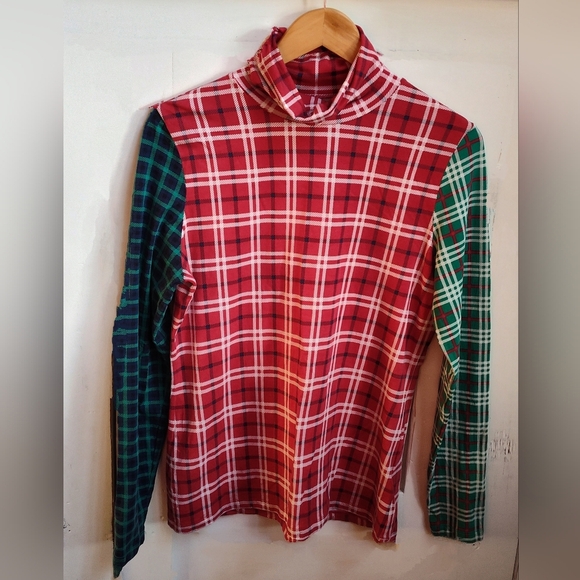 Lands' End Red Navy Green Plaid Long Sleeve Turtleneck Top | Size Medium - Picture 1 of 5